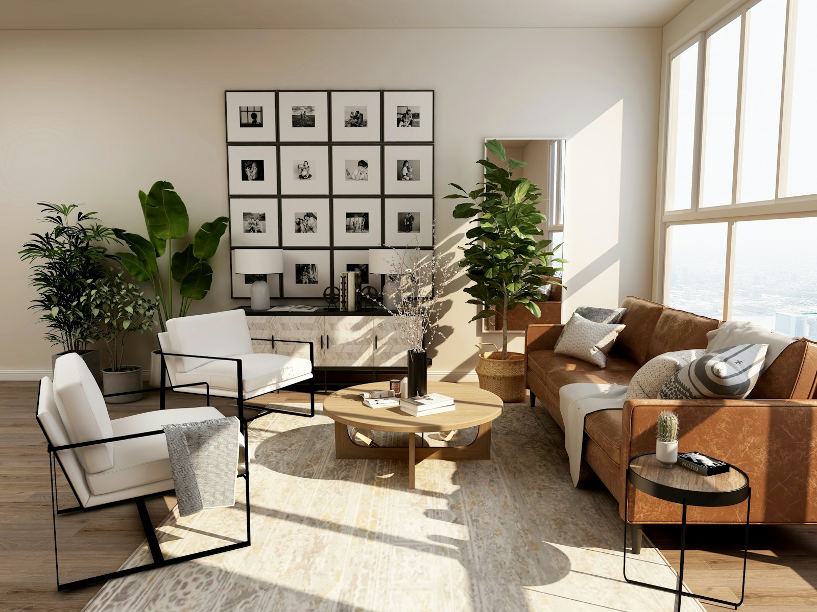 Warm, inviting living room with natural textures